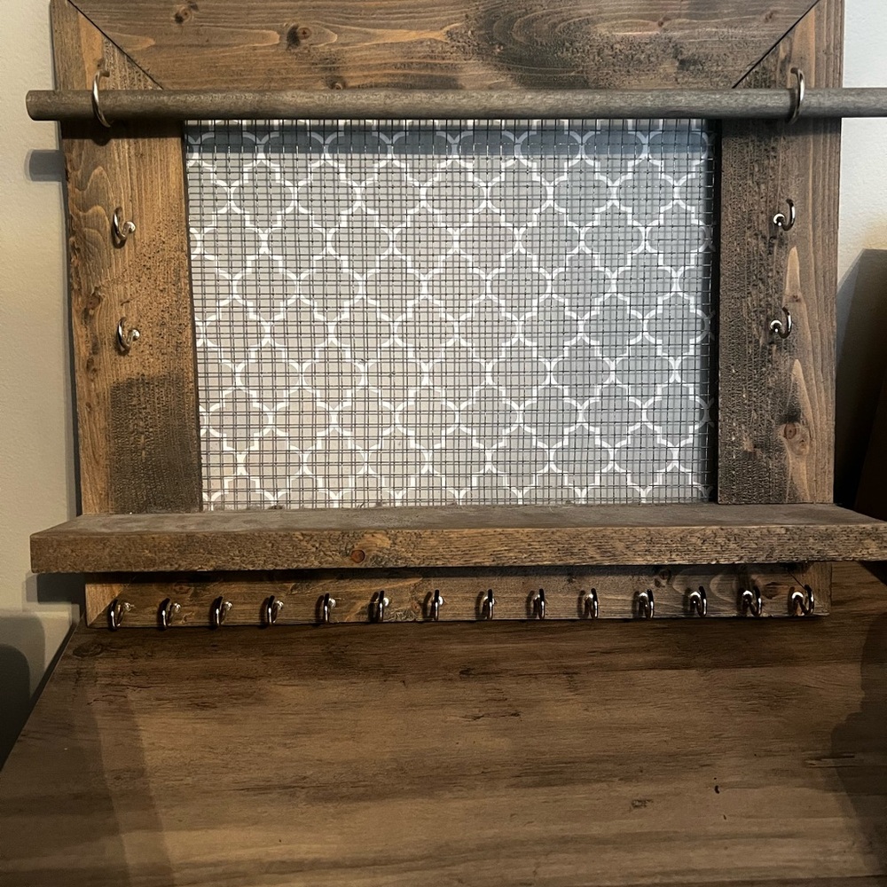 Rustic Wooden Jewelry Organizer with Metal Grid